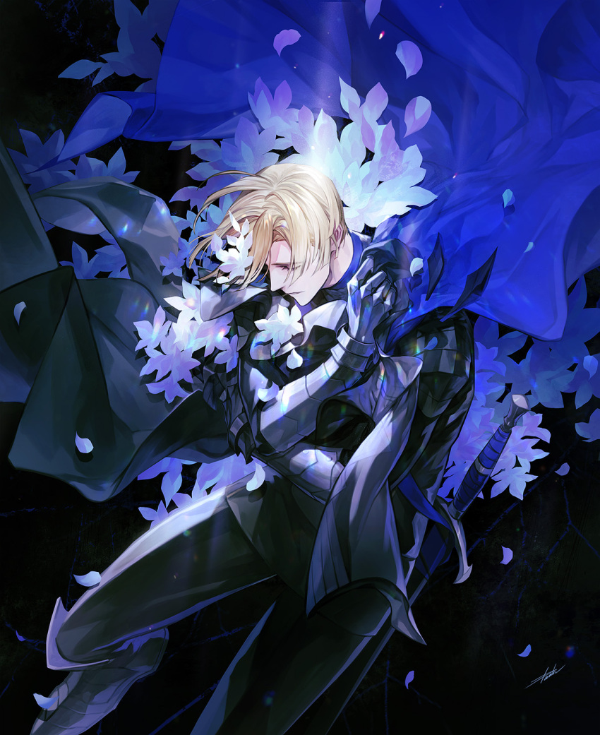 1boy armor armored_boots black_background black_pants black_shirt blonde_hair blue_cape boots cape closed_eyes closed_mouth cowboy_shot danhu dimitri_alexandre_blaiddyd falling_petals fire_emblem fire_emblem:_three_houses flower gauntlets highres holding holding_clothes holding_jacket jacket male_focus object_hug pants petals shirt short_hair shoulder_armor solo standing