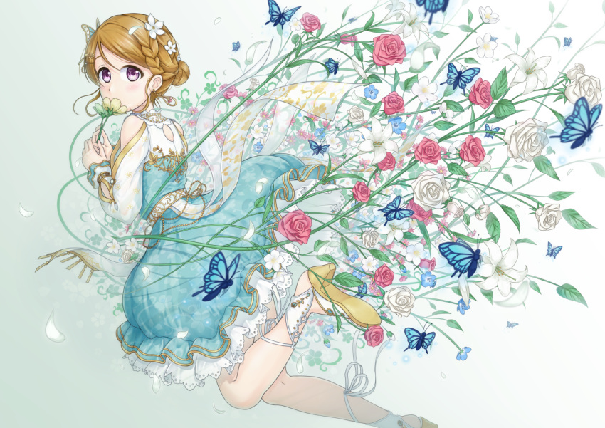 1girl arm_cutout back_cutout bangs bare_shoulders belt blue_butterfly blush braid brown_hair bug butterfly butterfly_hair_ornament clothing_cutout covered_mouth dress earrings flower flower_request foot_up footwear_ribbon gold_trim hair_bun hair_flower hair_ornament high_heels holding holding_flower jewelry koizumi_hanayo lace long_sleeves love_live! petticoat plant puchi_kurage rose solo standing standing_on_one_leg violet_eyes