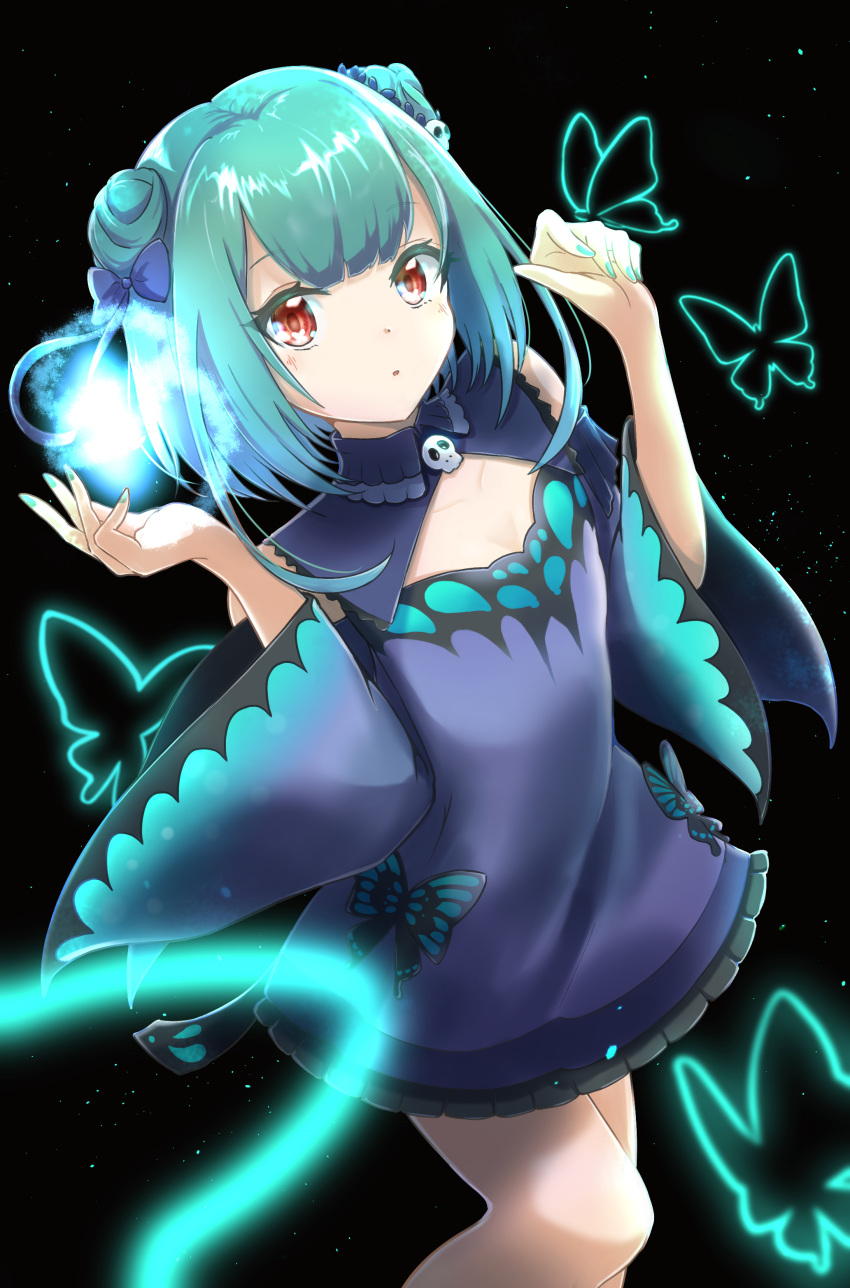 1girl :o absurdres bangs blue_bow blue_dress blue_sleeves bow breasts bug butterfly commentary_request detached_sleeves double_bun dress eyebrows_visible_through_hair feet_out_of_frame frilled_dress frills green_hair green_nails hair_bow hair_ornament highres hilamaru hololive long_hair long_sleeves looking_at_viewer nail_polish parted_lips red_eyes skull_hair_ornament sleeveless sleeveless_dress small_breasts solo standing uruha_rushia virtual_youtuber wide_sleeves