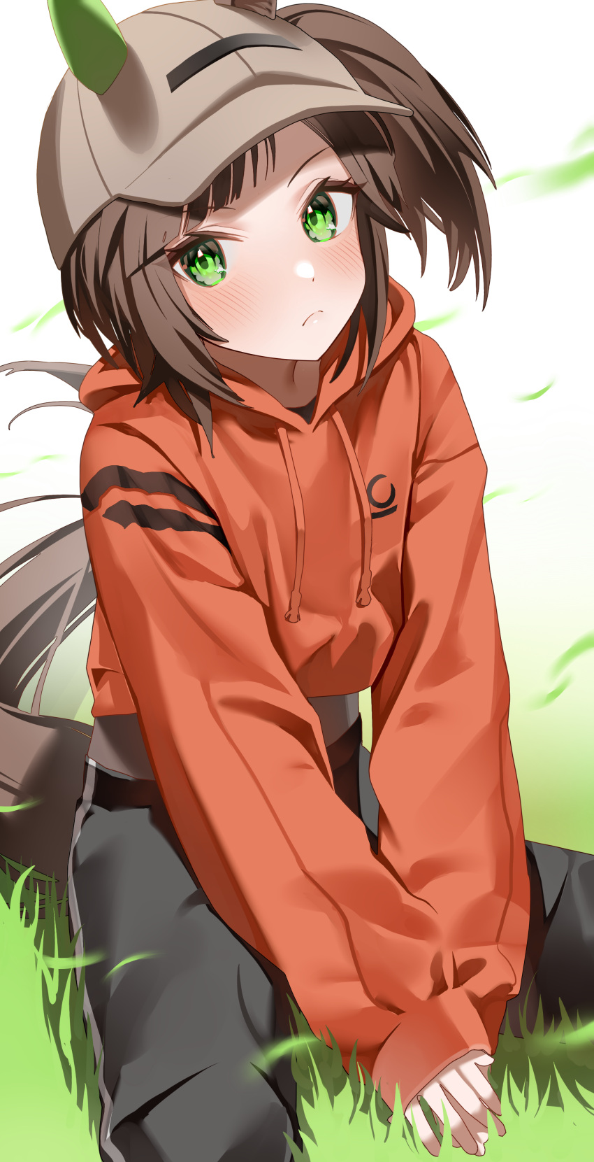 1girl absurdres animal_ears black_pants blush brown_hair brown_headwear closed_mouth commentary_request ear_covers ears_through_headwear grass green_eyes hat highres horse_ears horse_girl horse_tail ines_fujin_(umamusume) jacket long_sleeves looking_at_viewer ningen_mame orange_jacket pants short_hair single_ear_cover solo tail umamusume
