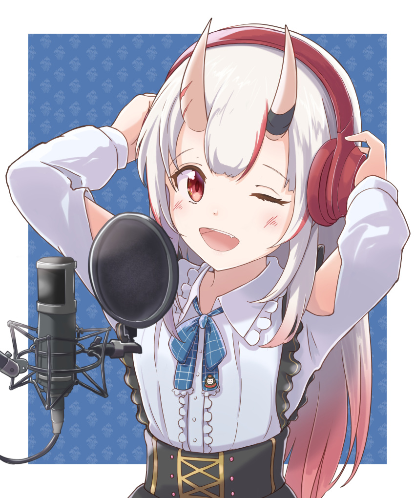 1girl ;d absurdres arms_up black_skirt blue_background blue_bow blush bow center_frills clothing_cutout collared_shirt commentary_request fang floral_background frills gradient_hair hands_on_headphones headphones highres hilamaru hololive horns long_hair long_sleeves looking_at_viewer microphone multicolored_hair nakiri_ayame one_eye_closed oni oni_horns red_eyes redhead shirt shoulder_cutout skirt smile solo streaked_hair suspender_skirt suspenders two-tone_background very_long_hair white_background white_hair white_shirt