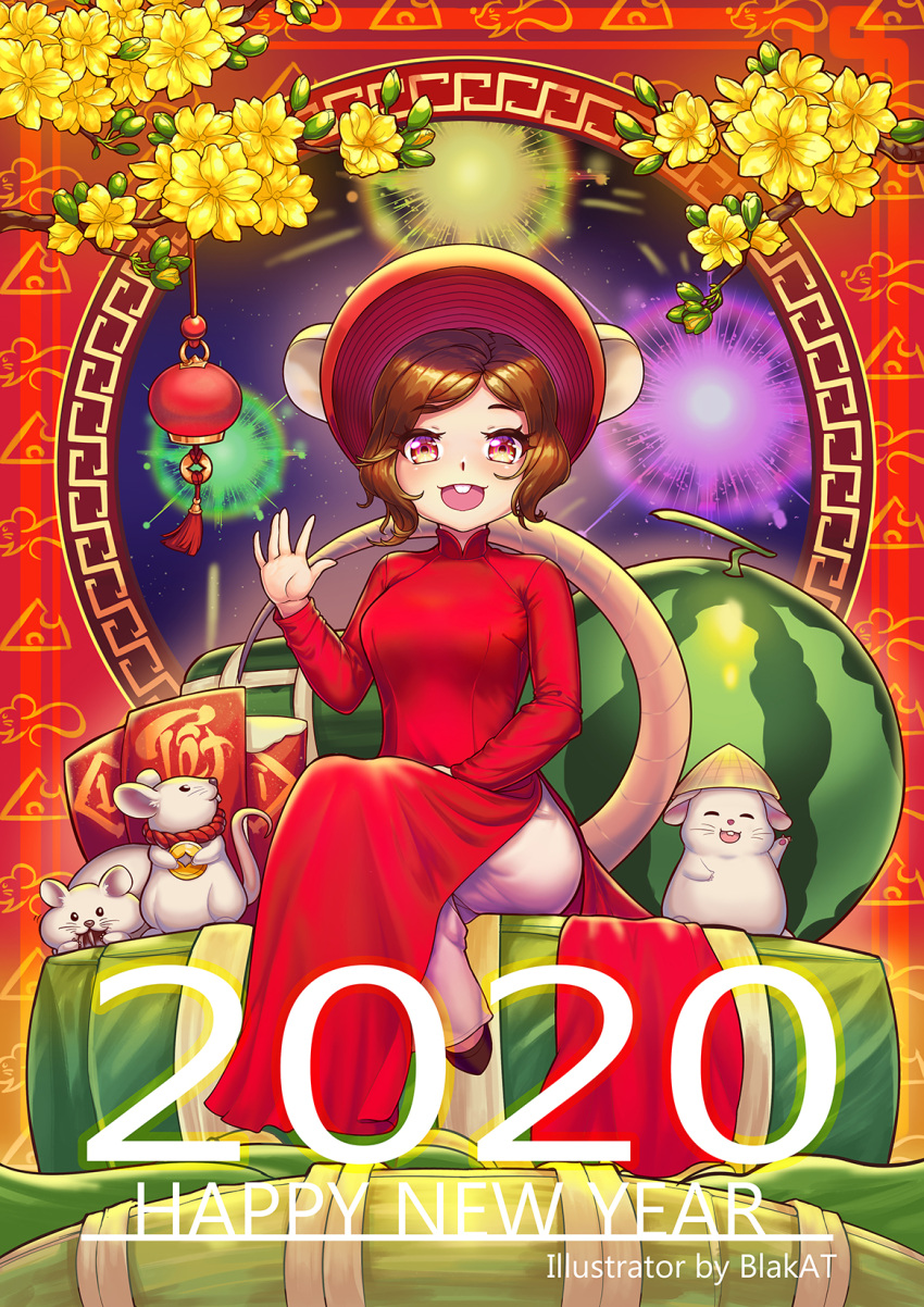 1girl :d animal_ears artist_name bangs blak_at branch brown_hair cheese_print dress eating english_commentary eyebrows_visible_through_hair fireworks flower food fruit gold_coin hand_on_own_thigh hand_up happy_new_year hat headdress highres hongbao knees_together_feet_apart lantern leaf light_blush long_sleeves motion_lines mouse mouse_ears mouse_girl mouse_print mouse_tail night night_sky open_hand original pants parted_bangs red_dress red_eyes red_headwear red_tassel rice_hat rope_necklace round_window shiny shiny_hair short_hair sidelocks sitting_on_food sky smile tail tassel teeth vietnamese_dress watermelon waving white_pants window yellow_flower