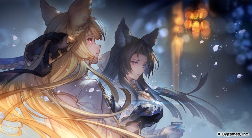 2girls animal_ears backless_coat backless_outfit bangs black_gloves black_hair blonde_hair blurry bokeh closed_mouth coat company_name copyright cup depth_of_field elsine_(granblue_fantasy) gloves granblue_fantasy hanging_lantern highres holding holding_cup lantern lips long_hair looking_at_viewer looking_up multiple_girls official_art parted_bangs parted_lips petals red_eyes sideways_mouth violet_eyes white_coat white_gloves yuisis_(granblue_fantasy)