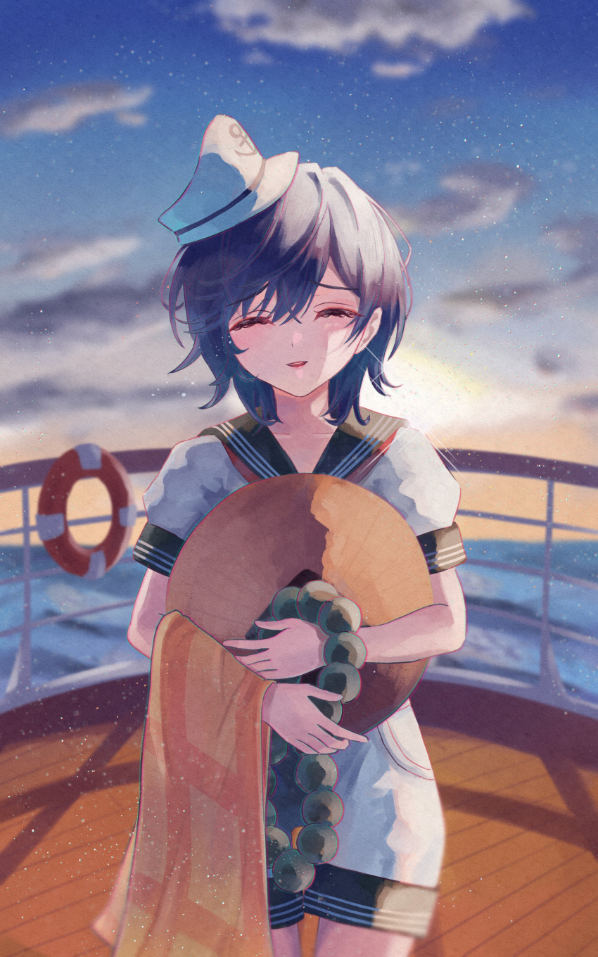 1girl :d absurdres anchor_symbol backlighting black_hair closed_eyes clouds hat highres lifebuoy looking_at_viewer m4_gun murasa_minamitsu open_mouth outdoors puffy_short_sleeves puffy_sleeves sailor_collar sailor_hat shirt short_hair short_sleeves sky smile solo star_(sky) starry_sky sun touhou twilight