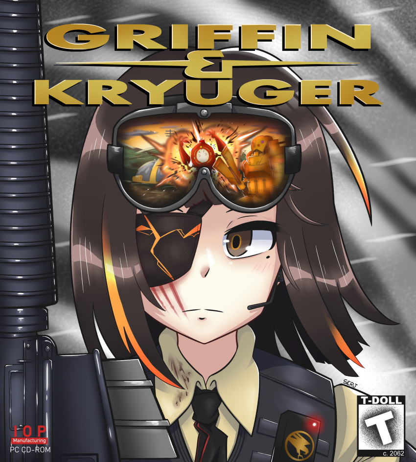 1girl absurdres assault_rifle black_hair brown_eyes command_and_conquer commission eyepatch girls_frontline goggles goggles_on_head gun highres m16 m16a1_(girls'_frontline) magazine_(weapon) mole mole_under_eye multicolored_hair orange_hair parody rifle serjatronic solo streaked_hair upper_body weapon