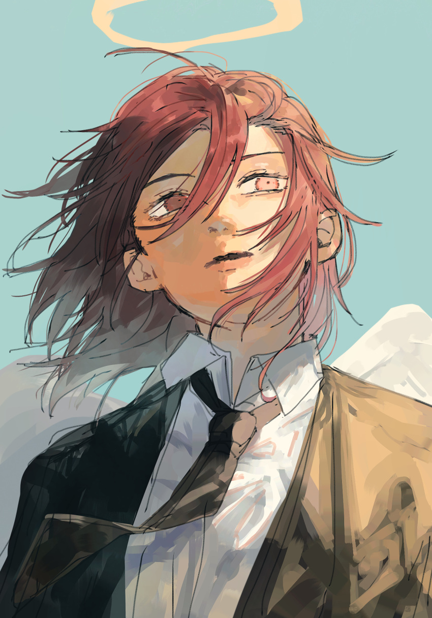 1boy angel_devil_(chainsaw_man) bangs black_jacket black_necktie business_suit chainsaw_man collared_shirt formal hair_between_eyes halo highres jacket long_hair looking_to_the_side messy_hair necktie open_mouth red_eyes redhead shirt solo suit suit_jacket user_fapm37210 white_shirt white_wings wings