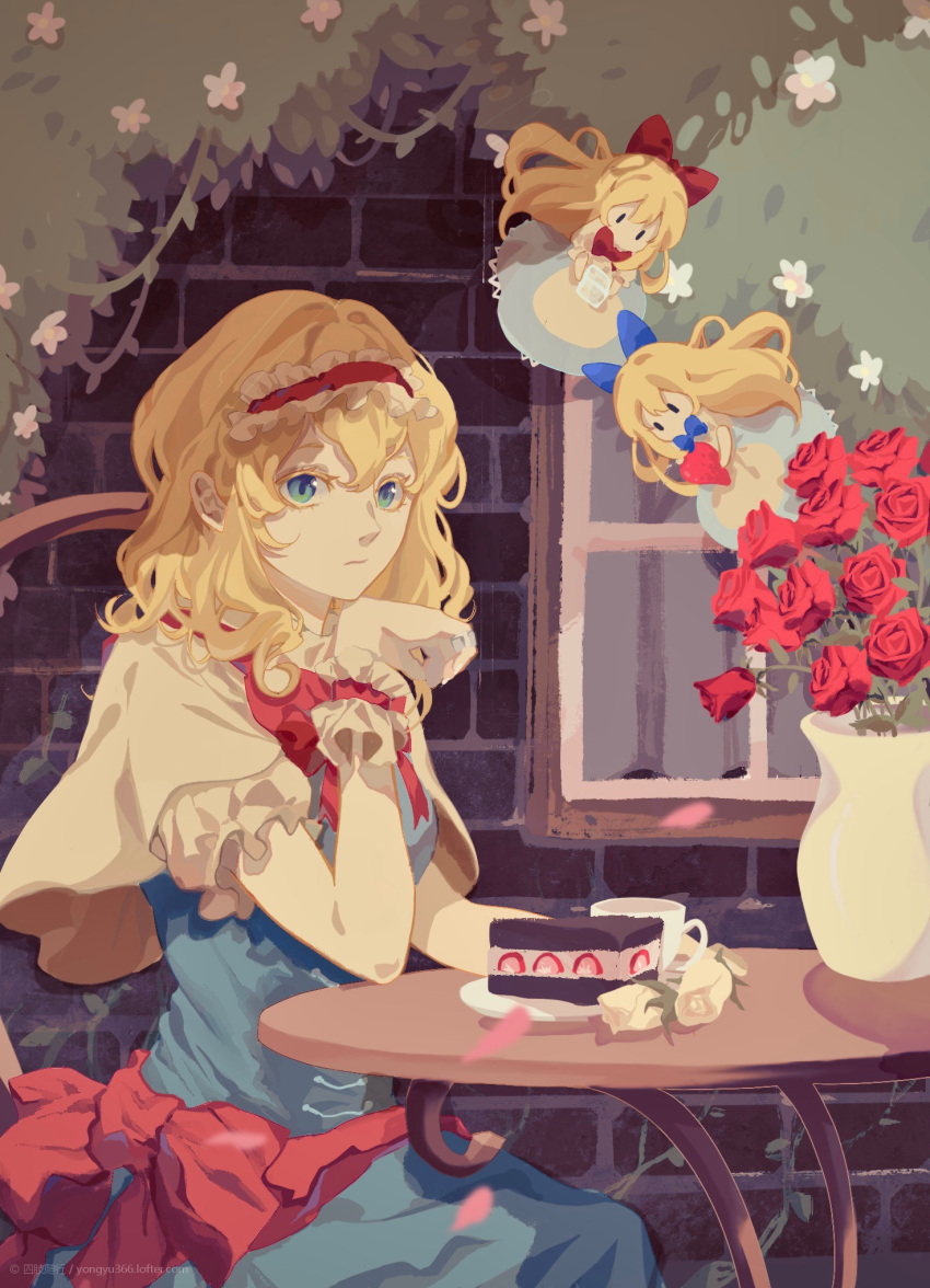 1girl :/ alice_margatroid back_bow blonde_hair blue_bow blue_bowtie blue_dress blue_eyes bow bowtie brick_wall cake cake_slice capelet chair closed_mouth commentary copyright cowboy_shot cup dress eyelashes flower food frilled_hairband frilled_sleeves frills fruit hair_between_eyes hair_bow hairband highres holding hourai_doll ivy long_hair looking_at_viewer on_chair outdoors puffy_short_sleeves puffy_sleeves red_bow red_bowtie red_flower red_hairband red_rose rose saucer shanghai_doll short_sleeves sitting solo strawberry sugar_cube table teacup touhou vase watermark white_capelet white_flower white_rose window wrist_cuffs yongyu366