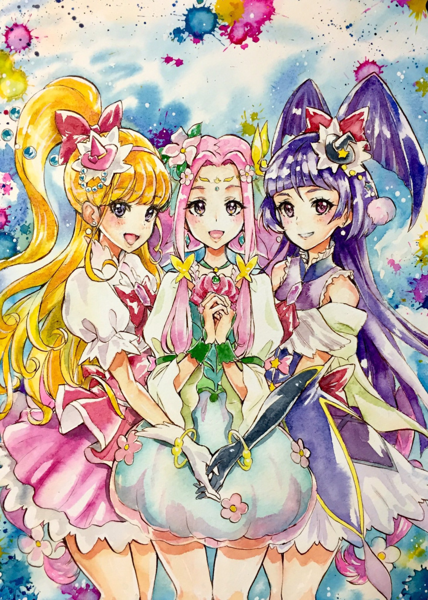 3girls :d bangs blonde_hair blush bow bracelet cure_felice cure_magical cure_miracle dress earrings facial_mark flower forehead_mark frilled_skirt frills gloves hair_bow hair_flower hair_ornament highres holding_hands jewelry looking_at_viewer mahou_girls_precure! multiple_girls own_hands_together painting_(medium) pink_dress pink_hair ponytail precure pukara skirt smile traditional_media violet_eyes watercolor_(medium)