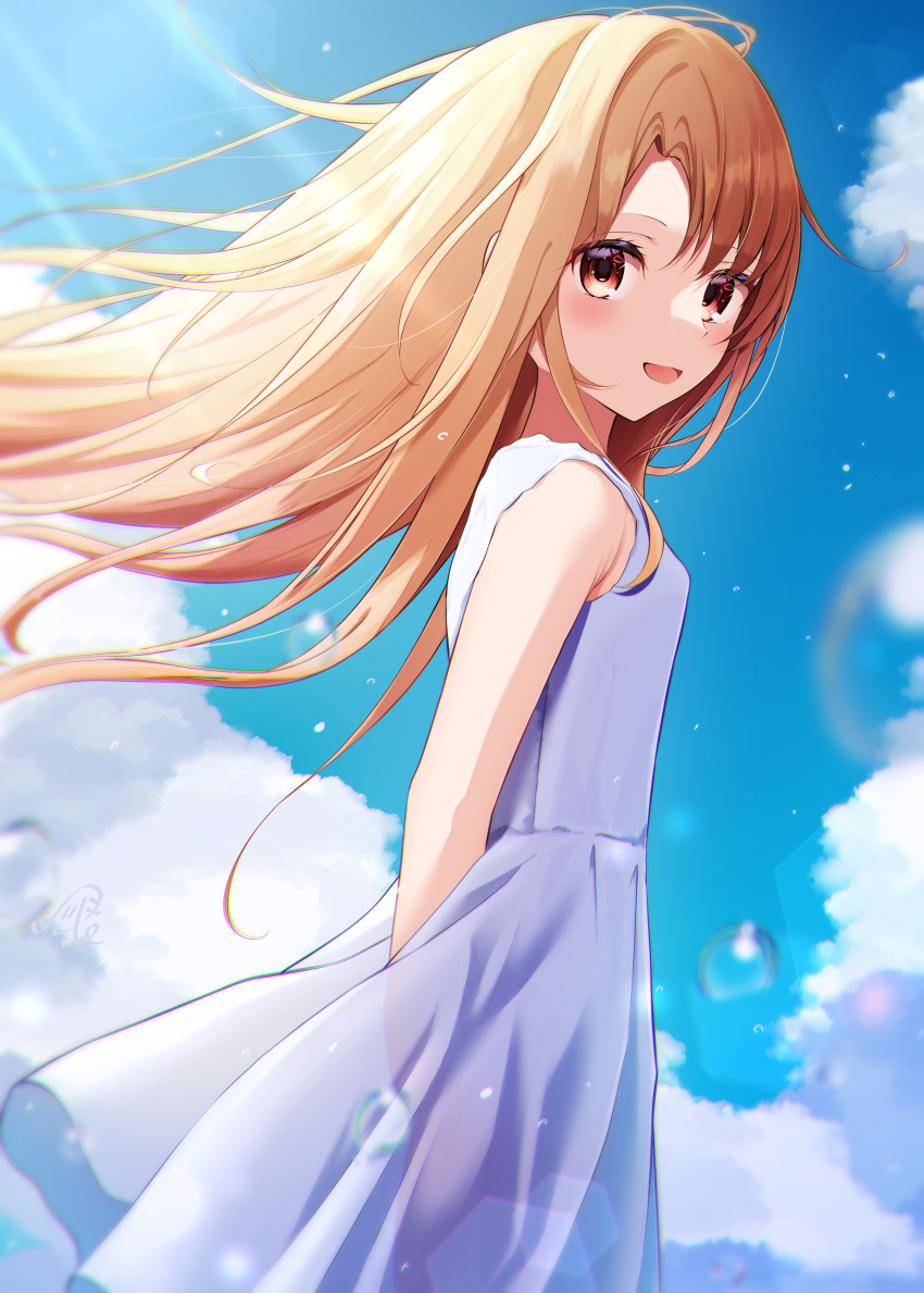 1girl absurdres bare_shoulders blonde_hair blush bubble clouds day dress fate/kaleid_liner_prisma_illya fate_(series) highres illyasviel_von_einzbern long_hair looking_at_viewer mattsi_hbkk open_mouth red_eyes sky smile solo standing white_dress