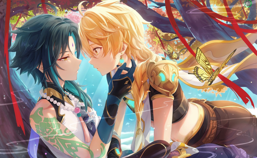 2boys absurdres aether_(genshin_impact) arm_tattoo bead_necklace beads blonde_hair braid braided_ponytail bug butterfly diamond-shaped_pupils diamond_(shape) earrings facial_mark fcc genshin_impact gloves green_eyes green_gloves highres jewelry male_focus midriff multicolored_hair multiple_boys necklace single_bare_shoulder single_earring symbol-shaped_pupils tattoo xiao_(genshin_impact) yaoi yellow_eyes