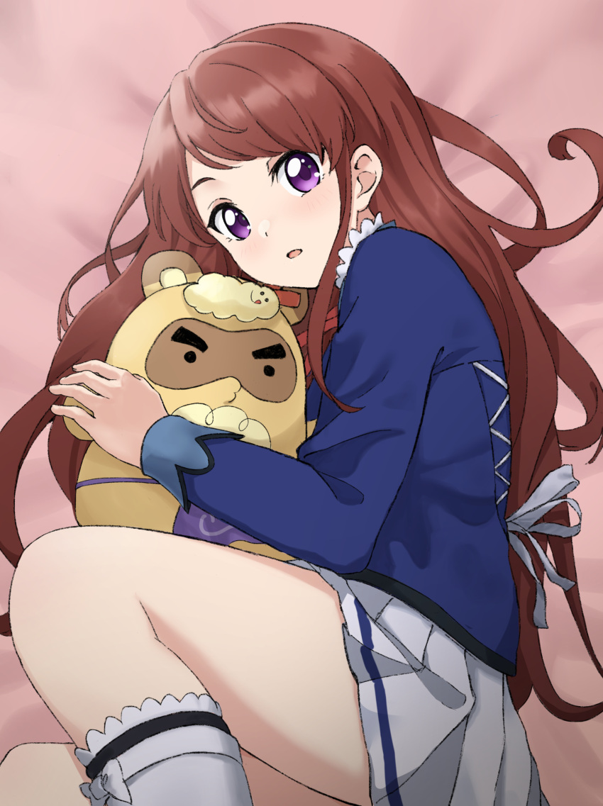 absurdres aikatsu! aikatsu!_(series) bed blush brown_hair clothes_lift ebipon highres long_hair looking_to_the_side lying object_hug open_mouth raku_rakugaki school_uniform shibuki_ran skirt skirt_lift socks stuffed_animal stuffed_toy thighs violet_eyes