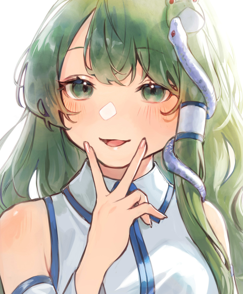 1girl absurdres bangs bare_shoulders blush breasts collared_shirt commentary_request detached_sleeves eyebrows_visible_through_hair fingernails frog_hair_ornament green_eyes green_hair grey_shirt hair_between_eyes hair_ornament hair_tubes hand_on_own_face hand_up highres kochiya_sanae light long_fingernails long_hair long_sleeves looking_at_viewer medium_breasts nail_polish open_mouth pink_nails shirt simple_background smile snake_hair_ornament solo teruteru_(teru_teru) tongue touhou upper_body v white_background wide_sleeves