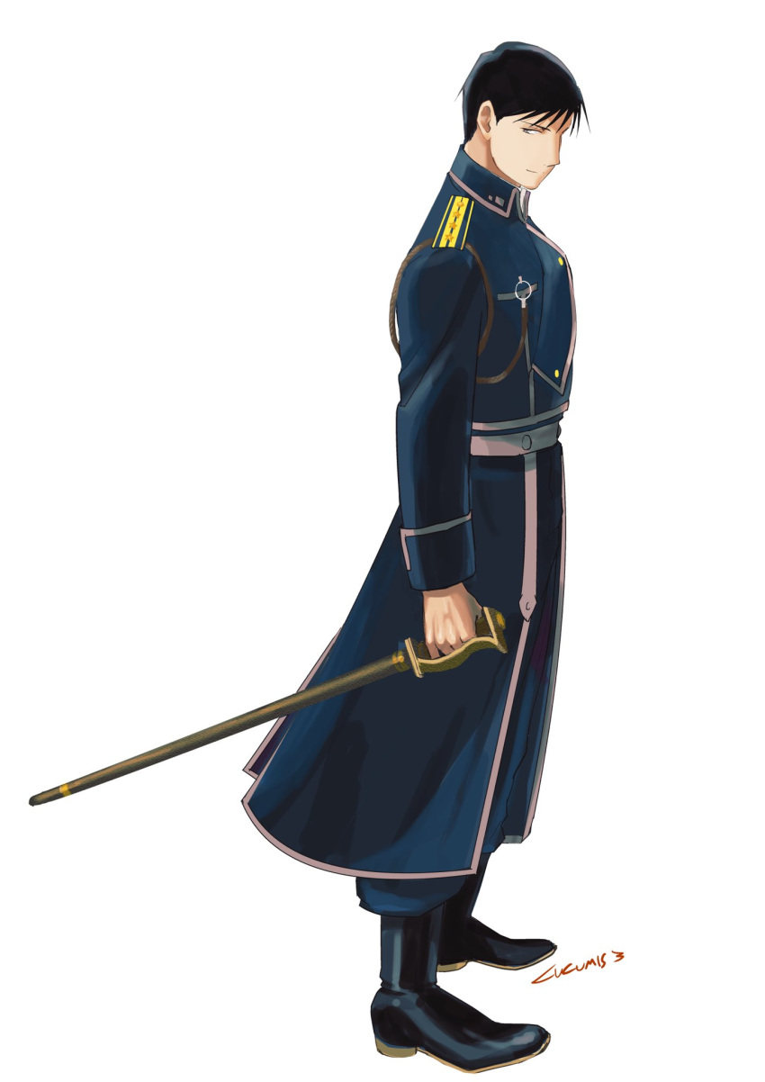 1boy aiguillette amestris_military_uniform ankle_boots arm_at_side artist_name black_eyes black_footwear black_hair blue_jacket blue_pants boots buttons closed_mouth collared_jacket double-breasted full_body fullmetal_alchemist hair_strand highres holding holding_sword holding_weapon jacket jitome light_smile looking_back male_focus military military_jacket military_uniform pants profile roy_mustang sheath sheathed sideways_glance simple_background spiky_hair standing sword uniform urikurage weapon white_background