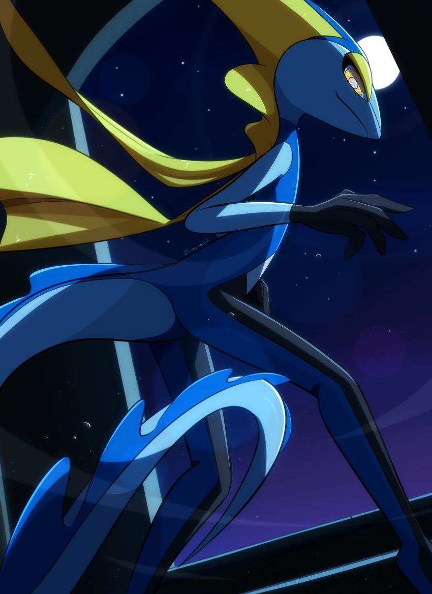 bright_pupils closed_mouth commentary_request from_below highres inteleon moon night outdoors pokemon pokemon_(creature) sky smile solo star_(sky) white_pupils yellow_eyes zymonasyh