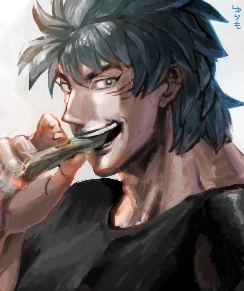 1boy black_shirt blue_hair chipocon cigar highres holding holding_cigar in_mouth looking_at_viewer male_focus muscular muscular_male open_mouth scar scar_on_face shirt smile solo toriko toriko_(series) white_background