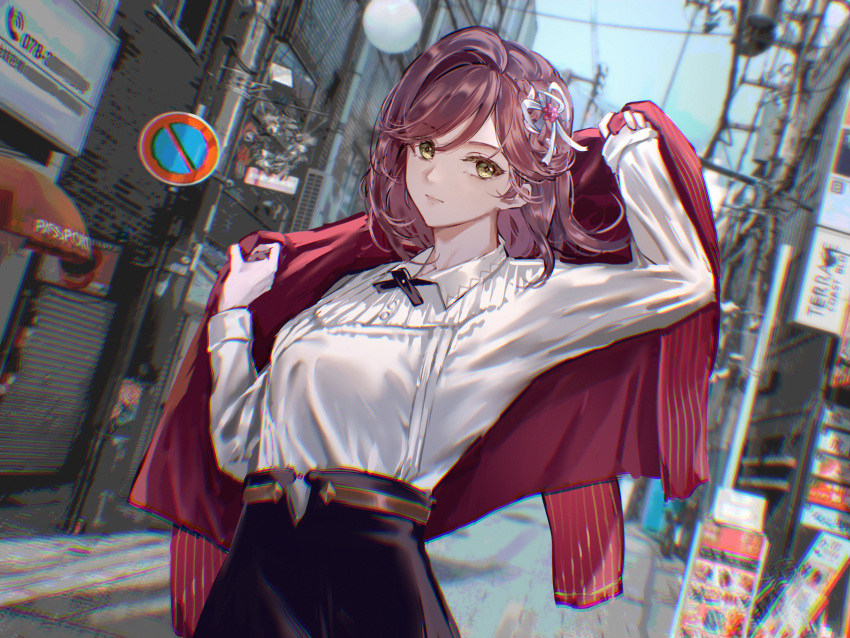 1girl absurdres bangs black_skirt blue_sky brown_hair city closed_mouth cocona_w green_eyes hair_ornament highres jacket long_hair long_sleeves looking_at_viewer outdoors red_jacket road_sign rosa_(tears_of_themis) shirt sign skirt sky smile solo tears_of_themis white_shirt