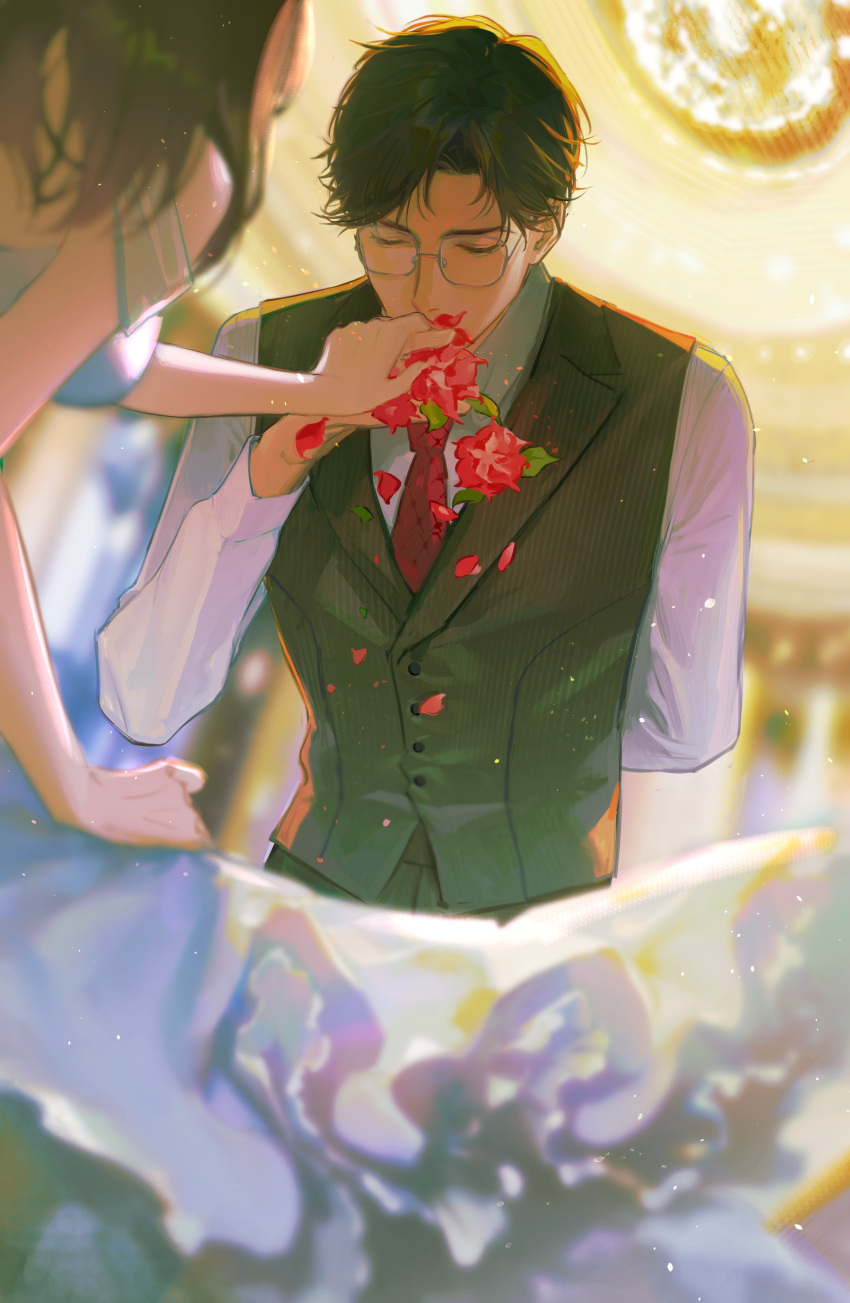 1boy 1girl absurdres arm_behind_back bangs bare_shoulders black_hair black_vest blurry bowing breasts brown_hair censored character_request closed_eyes collared_shirt covered_mouth depth_of_field dress flower formal glasses hand_up hetero highres holding_hands indoors kiss kissing_hand kkia light_and_night_love light_particles long_hair long_sleeves male_focus necktie outstretched_arm petals red_flower red_necktie shirt short_hair skirt_hold sleeveless sleeveless_dress solo_focus standing strap_slip vest white_shirt