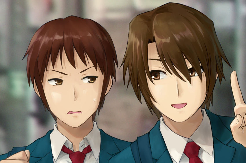 2boys bangs blazer blurry blurry_background brown_eyes brown_hair green_jacket ishiyuki00 jacket kita_high_school_uniform koizumi_itsuki kyon looking_at_another male_focus multiple_boys necktie open_mouth red_necktie school_uniform shirt short_hair suzumiya_haruhi_no_yuuutsu sweatdrop upper_body white_shirt