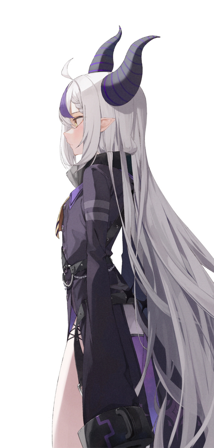 1girl absurdres ahoge bangs black_jacket closed_mouth cowboy_shot demon_horns from_side grey_hair highres hololive horns jacket la+_darknesss long_hair long_sleeves looking_away multicolored_hair pointy_ears profile purple_hair purple_legwear simple_background single_leg_pantyhose solo soya_(torga) standing streaked_hair very_long_hair virtual_youtuber white_background yellow_eyes