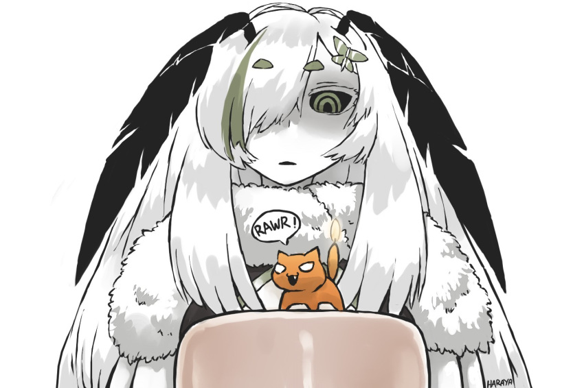 antennae arthropod_girl birthday_cake black_sclera cake candle cat colored_sclera colored_skin commentary english_text food gao green_eyes green_hair green_skin hair_over_one_eye haraya_manawari indie_virtual_youtuber insect_wings juniper_actias long_hair looking_down moth_girl moth_hair_ornament moth_wings multicolored_hair parted_lips simple_background solo streaked_hair upper_body virtual_youtuber white_background white_hair white_skin wings