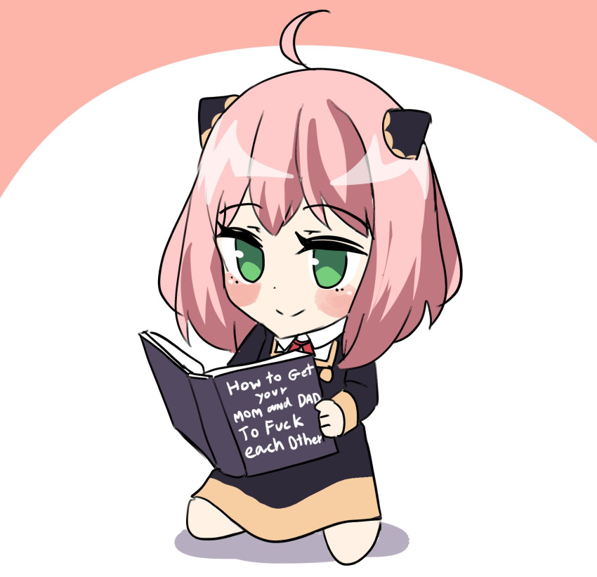 1girl ahoge anya_(spy_x_family) blush_stickers book comedy dress english_text green_eyes hairpods highres hinghoi holding holding_book pink_hair profanity reading solo spy_x_family