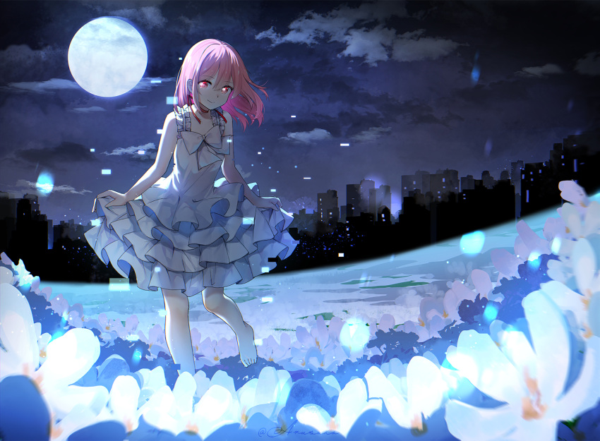 1girl arms_at_sides arusuko backlighting bare_arms bare_legs barefoot bent_over building choker chromatic_aberration cityscape closed_mouth clouds collarbone dark_clouds dress field flat_chest floating_hair flower flower_field foot_up frilled_dress frills full_moon glitch hair_behind_ear hair_between_eyes hair_down kaname_madoka layered_dress light_particles looking_at_viewer mahou_shoujo_madoka_magica medium_hair moon moonlight motion_blur neck_ribbon night night_sky outdoors pink_eyes pink_hair red_choker red_ribbon ribbon ribbon_choker scenery short_dress silhouette skirt_hold sky smile solo spaghetti_strap standing standing_on_one_leg twitter_username white_dress white_flower white_ribbon wide_shot wraith_madoka