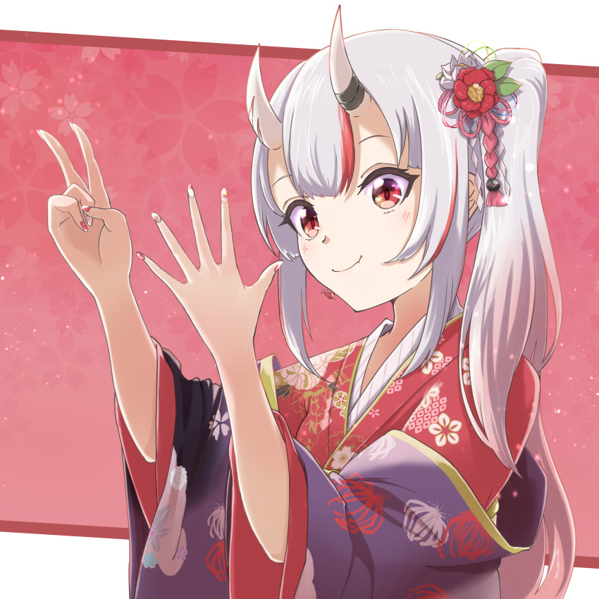 1girl absurdres bangs blush closed_mouth commentary_request eyebrows_visible_through_hair fang fang_out floral_background floral_print flower hair_flower hair_ornament hands_up highres hilamaru hololive horns japanese_clothes kimono long_hair long_sleeves looking_at_viewer multicolored_hair nail_art nail_polish nakiri_ayame off_shoulder oni oni_horns ponytail print_kimono red_eyes red_flower red_kimono redhead smile solo streaked_hair upper_body v very_long_hair virtual_youtuber white_flower wide_sleeves