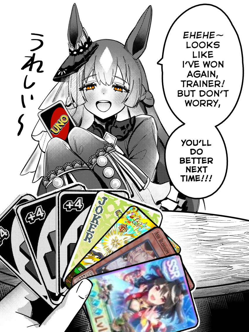 1girl 1other ;d animal_ears ascot ash_blossom_&_joyous_spring buttons card commentary double-parted_bangs ear_ornament english_commentary english_text frilled_sleeves frills hands_up highres holding holding_card horse_ears horse_girl joker_(playing_card) kitasan_black_(umamusume) long_hair long_sleeves looking_at_viewer monochrome one_eye_closed open_mouth orange_eyes playing_card pov pov_hands sakanaflyer satono_diamond_(umamusume) simple_background sleeves_past_fingers sleeves_past_wrists smile smug speech_bubble table talking teeth umamusume uno_(game) upper_body upper_teeth_only white_background wooden_table yu-gi-oh!