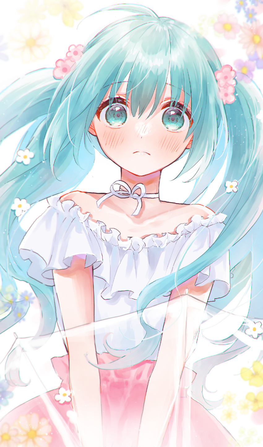 1girl :&lt; absurdres aqua_eyes aqua_hair bare_arms bare_shoulders blue_flower blurry blurry_background blush choker chromatic_aberration closed_mouth collarbone dot_nose eyebrows_visible_through_hair eyelashes flower hair_between_eyes hair_flower hair_ornament hatsune_miku high-waist_skirt highres kuru_(krkr8686) light_blush light_particles long_hair melt_(vocaloid) nose_blush off-shoulder_shirt off_shoulder pink_flower pink_skirt purple_flower ribbon ribbon_choker shirt shy skirt solo tareme transparent transparent_umbrella twintails umbrella upper_body v_arms very_long_hair vocaloid wavy_hair white_flower white_ribbon white_shirt wide-eyed yellow_flower