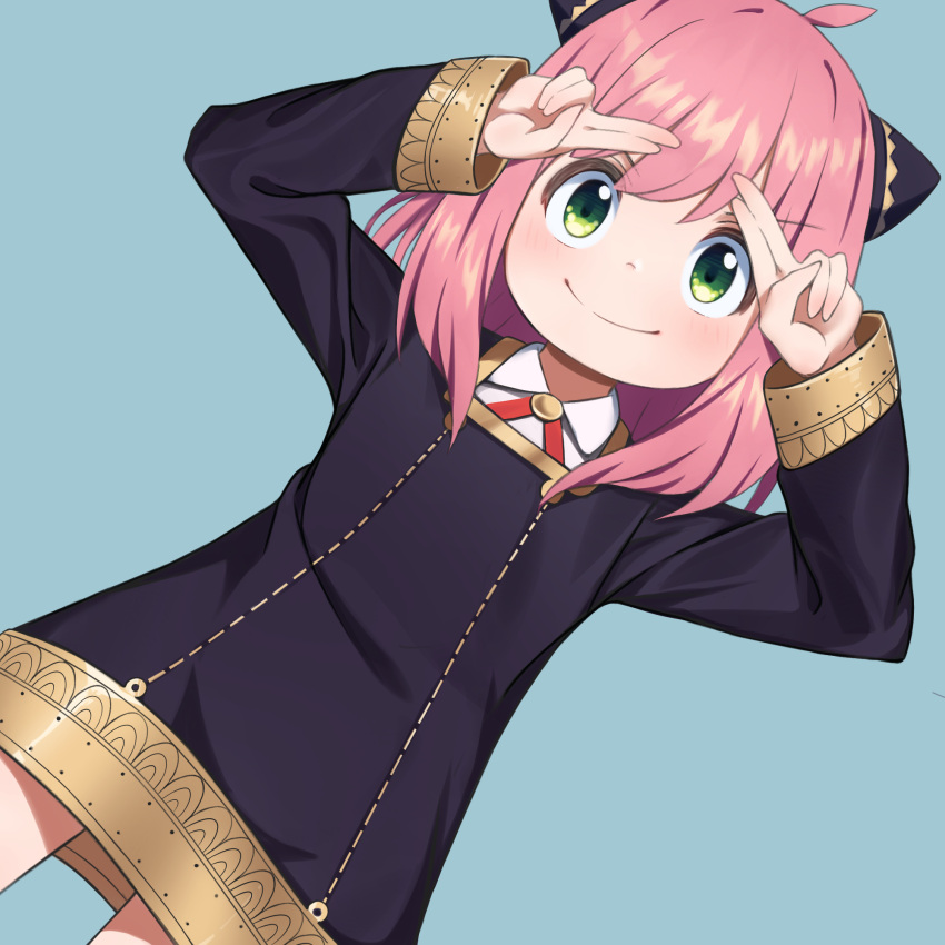 1girl ahoge anya_(spy_x_family) arms_up black_dress black_sleeves blue_background child dress female_child finger_to_head green_eyes hair_ornament highres long_sleeves pink_hair short_dress short_hair simple_background smile solo spy_x_family wp_project