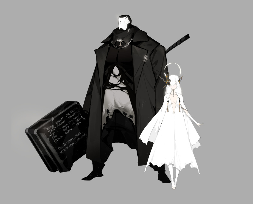 1boy 1girl absurdres black_coat black_gloves cape coat collarbone crack cross dress floating glint gloves grey_background hair_over_one_eye half-closed_eyes halo hammer headgear highres holding holding_hammer holding_weapon long_hair looking_to_the_side male_focus mask open_clothes open_coat open_mouth original simple_background standing torn torn_clothes torn_dress viiiper weapon white_cape white_dress white_eyes white_gloves white_hair writing