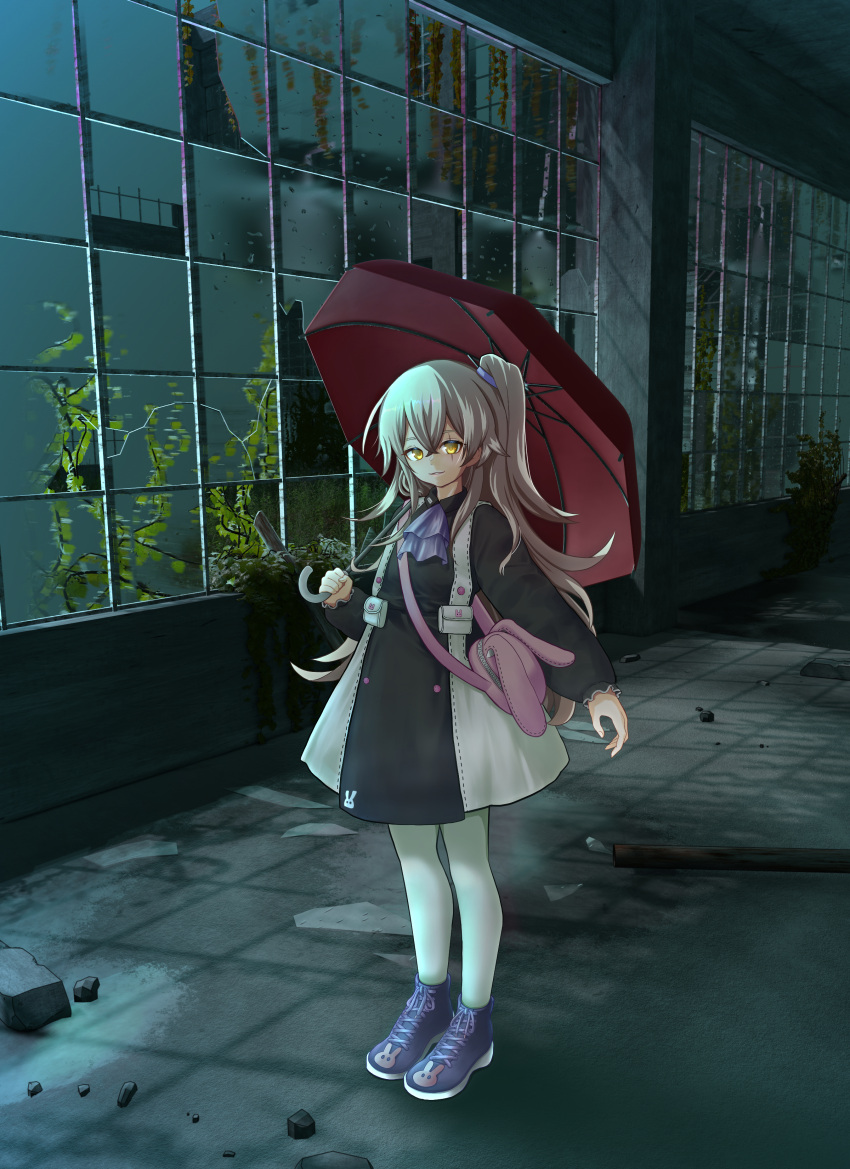1girl absurdres animal_bag ascot black_dress boots brown_hair bunny_bag cross-laced_footwear dress full_body girls_frontline highres holding holding_umbrella lace-up_boots long_hair multicolored_clothes multicolored_dress night one_side_up pantyhose parted_lips pink_bag purple_ascot purple_footwear red_umbrella ruins scar scar_across_eye solo umbrella ump45_(agent_lop_rabbit)_(girls'_frontline) ump45_(girls'_frontline) white_dress white_legwear yellow_eyes yuuki_kupo