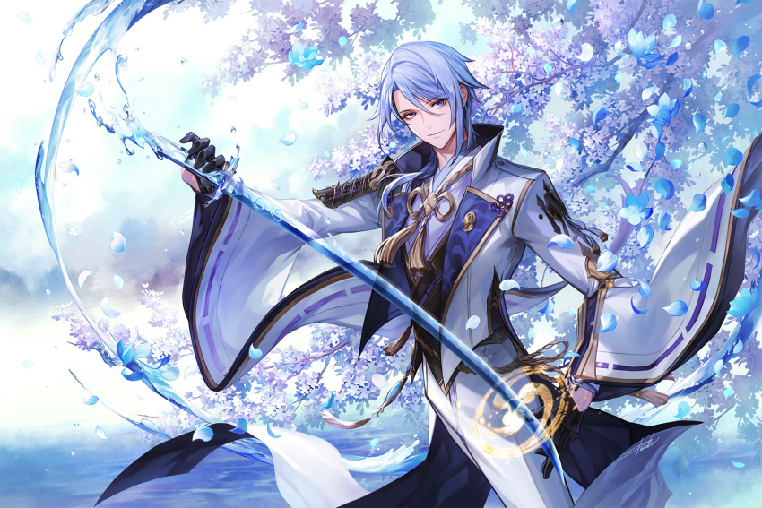 1boy bangs black_gloves black_vest blue_hair closed_mouth cowboy_shot danhu formal genshin_impact gloves hair_between_eyes highres holding holding_sword holding_weapon jacket japanese_clothes kamisato_ayato katana long_hair long_sleeves looking_at_viewer male_focus mole mole_under_mouth outdoors pants smile solo standing suit sword tree vest violet_eyes water weapon white_jacket white_pants white_suit wide_sleeves