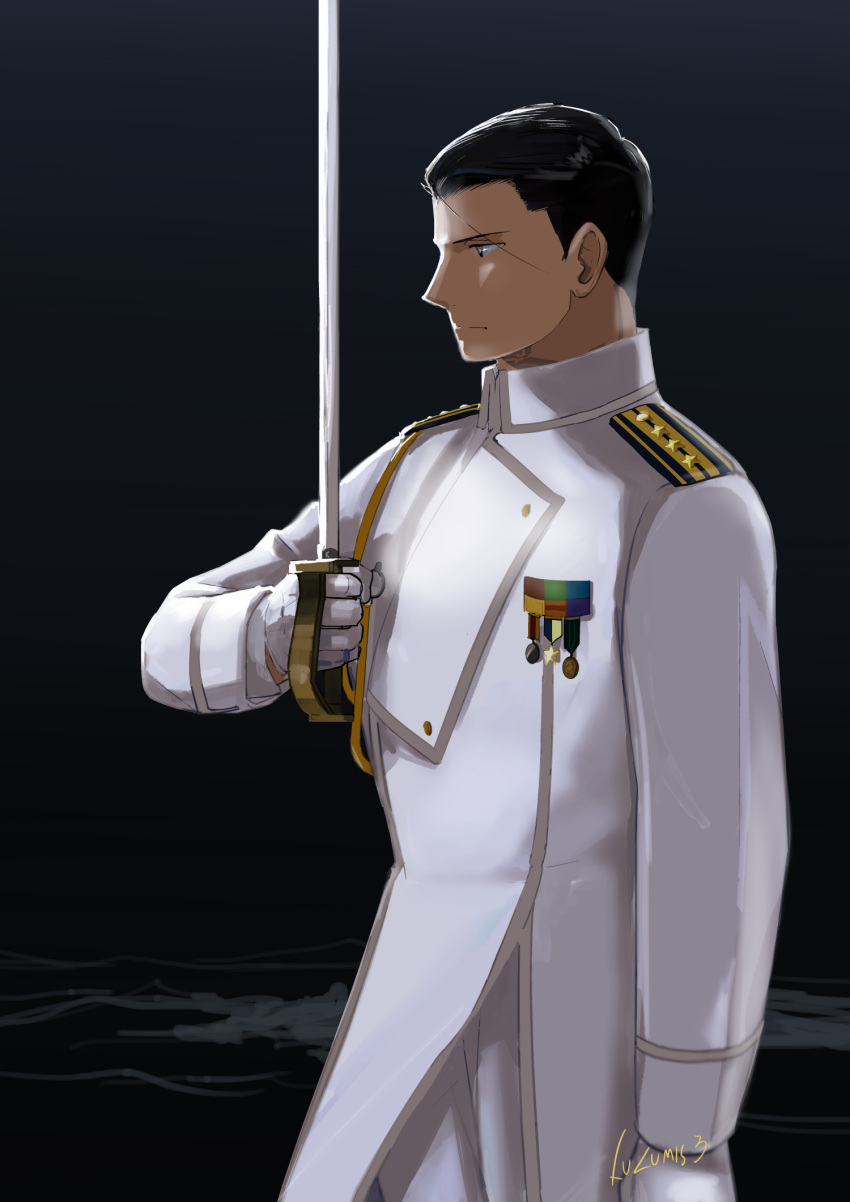 1boy aiguillette amestris_military_uniform arm_at_side artist_name black_background black_eyes black_hair buttons closed_mouth collared_jacket cowboy_shot dark_background double-breasted fullmetal_alchemist gloves gradient gradient_background hair_slicked_back hair_strand hand_up highres holding holding_sword holding_weapon jacket jitome looking_afar male_focus medal military military_jacket military_uniform pants profile roy_mustang serious sidelighting silver_trim simple_background sword uniform urikurage weapon white_gloves white_jacket white_pants