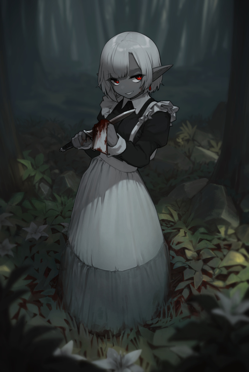absurdres apron black_dress blood blood_on_face blood_on_hands bob_cut collared_dress colored_skin dress fang female_goblin frills goblin grey_skin highres knife maid maid_apron napkin original outdoors pointy_ears rizuy0 short_hair smile stone tree