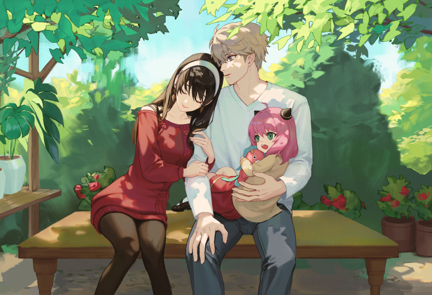 1boy 2girls ahoge anya_(spy_x_family) arm_hug bench black_hair black_legwear blue_eyes breasts bush carrying child child_carry closed_eyes closed_mouth collarbone denim director_chimera_(spy_x_family) dress family feet_out_of_frame female_child flower garden green_eyes hairband highres holding holding_stuffed_toy horn_ornament horns jacket jeans leaning_on_person lips long_hair long_sleeves medium_hair multiple_girls off-shoulder_sweater off_shoulder on_lap open_mouth outdoors pants pantyhose parted_lips pink_hair plant potted_plant purpleneak red_lips red_skirt red_sweater shirt short_hair sitting skirt smile spy_x_family straight_hair stuffed_toy sweater sweater_dress teeth tree twilight_(spy_x_family) upper_teeth v-neck white_hairband white_shirt yellow_jacket yor_briar