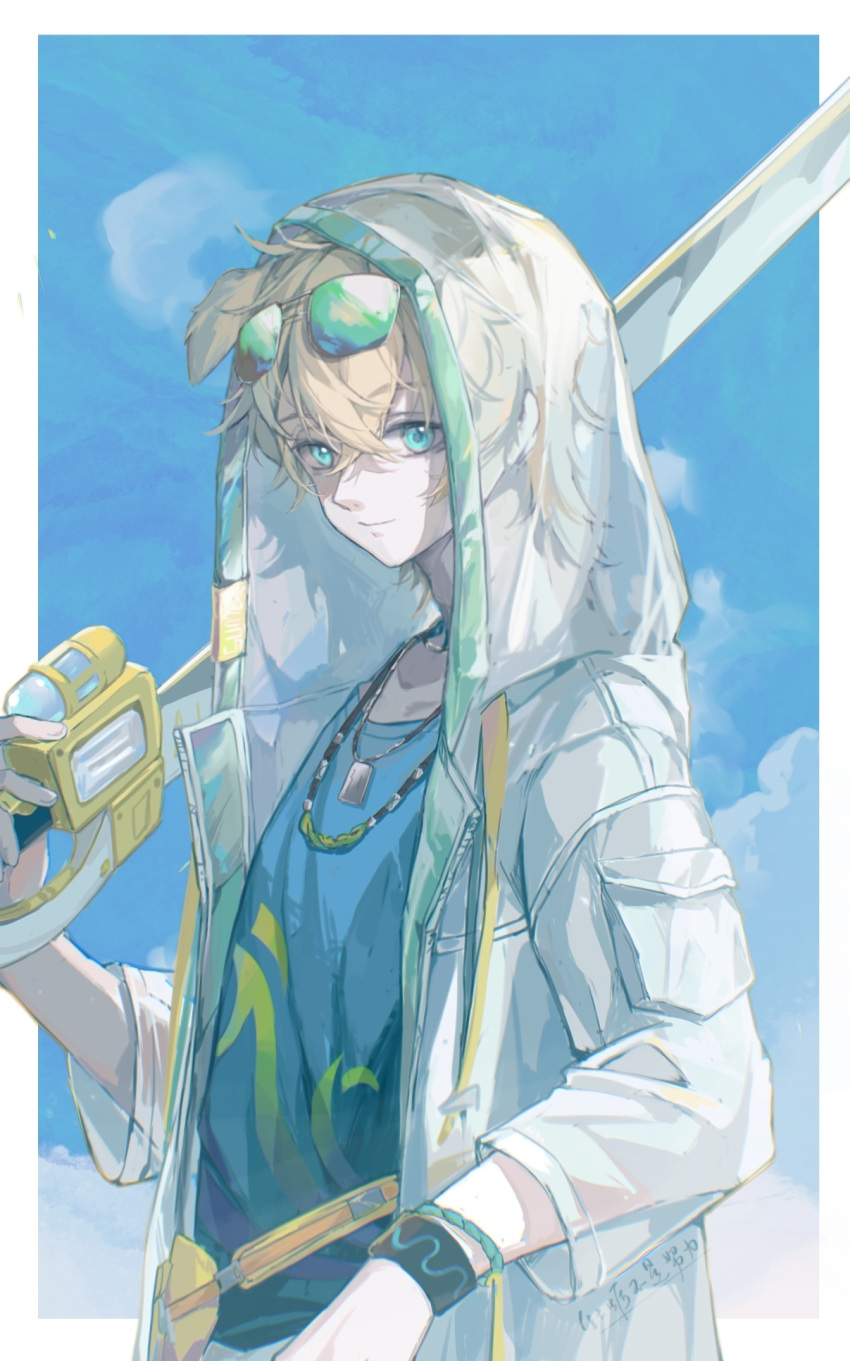 1boy animal_ears aqua_eyes arknights bangs blonde_hair blue_shirt blue_sky bracelet closed_mouth crossed_bangs dog_boy dog_ears dog_tags eyewear_on_head from_side green-tinted_eyewear hair_between_eyes highres holding holding_weapon hood hood_up hooded_jacket jacket jewelry long_sleeves looking_at_viewer male_focus necklace open_clothes open_jacket outside_border pocket shieryue164 shirt short_hair sky smile solo sunglasses tequila_(arknights) tinted_eyewear upper_body weapon white_jacket wristband