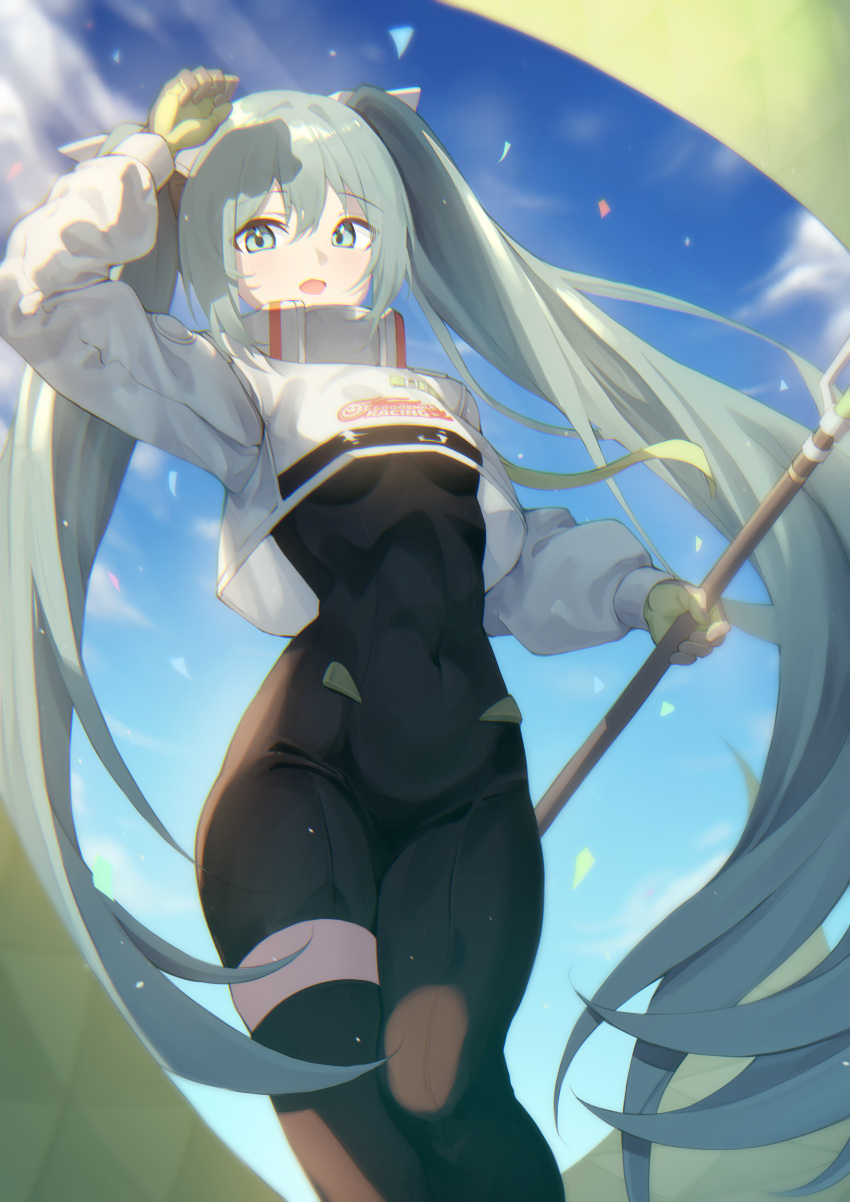 1girl :d absurdres aqua_eyes arm_up asymmetrical_legwear bangs banner black_bodysuit blue_hair blue_sky bodysuit breasts breasts_apart covered_navel day eyebrows_visible_through_hair floating_hair gloves green_gloves hair_between_eyes hatsune_miku highres holding long_hair looking_at_viewer open_mouth outdoors racing_miku racing_miku_(2022) sayu_(mini_2704) shiny shiny_hair sky small_breasts smile solo twintails very_long_hair vocaloid