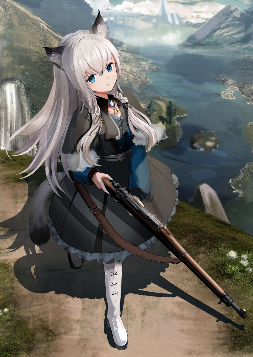 1girl absurdres animal_ear_fluff animal_ears blue_eyes boots capelet cat_ears cat_tail commission expressionless frilled_skirt frills full_body fur-trimmed_capelet fur_trim grey_hair gun highres holding holding_weapon jewelry long_hair long_sleeves looking_at_viewer original parted_lips rifle river shadow skeb_commission skirt tail tokiwa_sylbe weapon weapon_request white_footwear