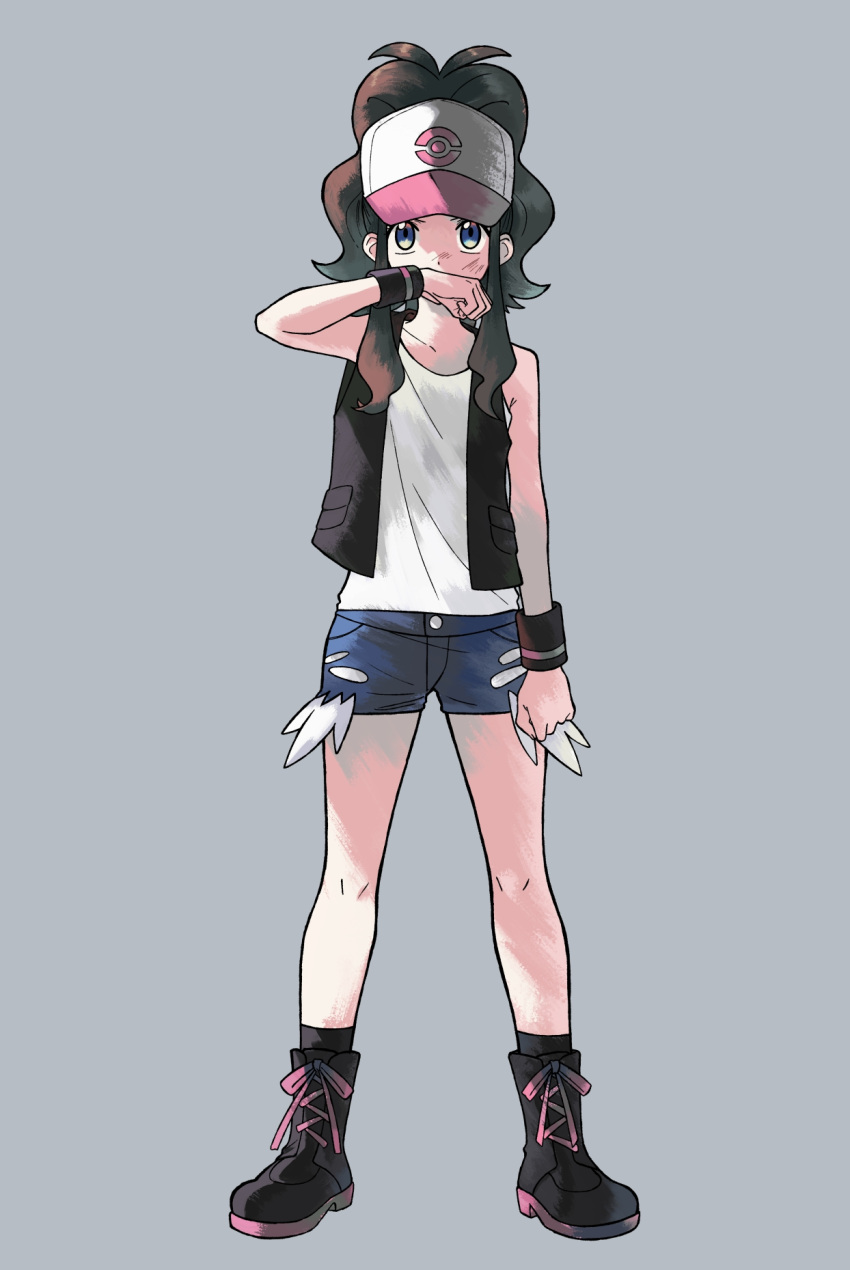 1girl antenna_hair black_footwear black_legwear black_vest black_wristband blue_shorts boots brown_hair clenched_hands commentary_request full_body grey_background hand_up hat highres hilda_(pokemon) ittumozzz knees long_hair looking_at_viewer pokemon pokemon_(game) pokemon_bw shirt short_shorts shorts sidelocks simple_background sleeveless sleeveless_shirt socks solo standing vest white_shirt