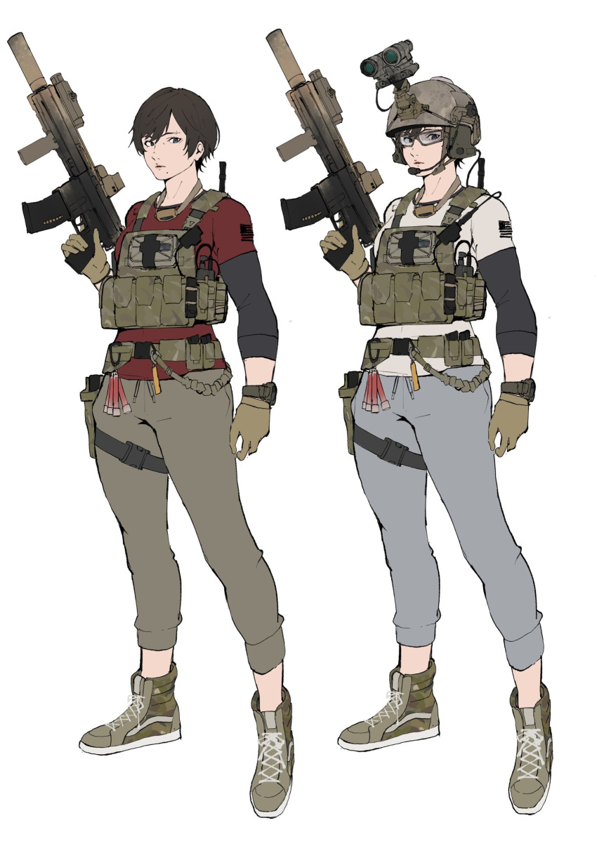 1girl american_flag ammunition_belt ar-15 assault_rifle bulletproof_vest character_sheet glasses gloves glowstick gun handgun headset helmet highres holding holding_gun holding_weapon looking_to_the_side military night_vision_device original pen_guin15 radio rifle safety_glasses trigger_discipline watch weapon