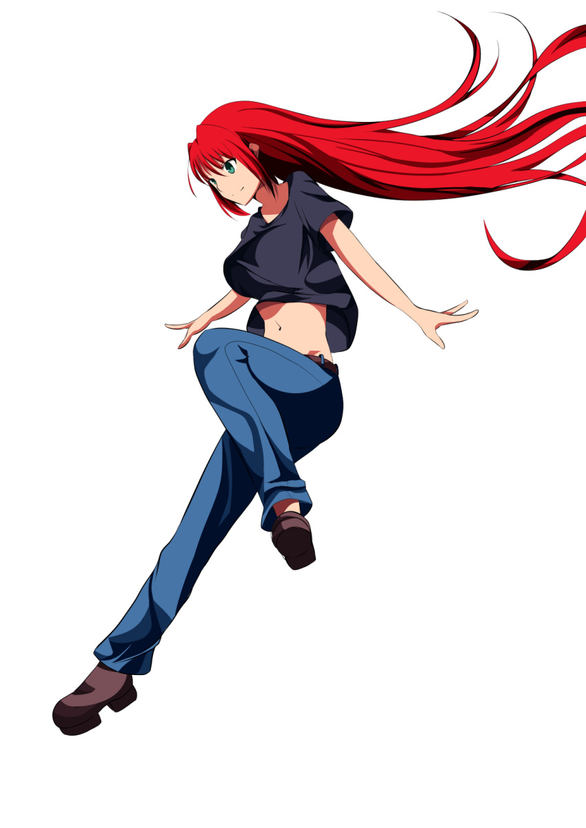 1girl aozaki_aoko belt black_shirt blue_pants brown_belt brown_footwear closed_mouth floating_hair full_body green_eyes highres kishishi_(9impl2k0gar7qv6) long_hair midriff navel pants redhead shirt short_sleeves simple_background smile solo stomach straight_hair t-shirt tsukihime very_long_hair white_background