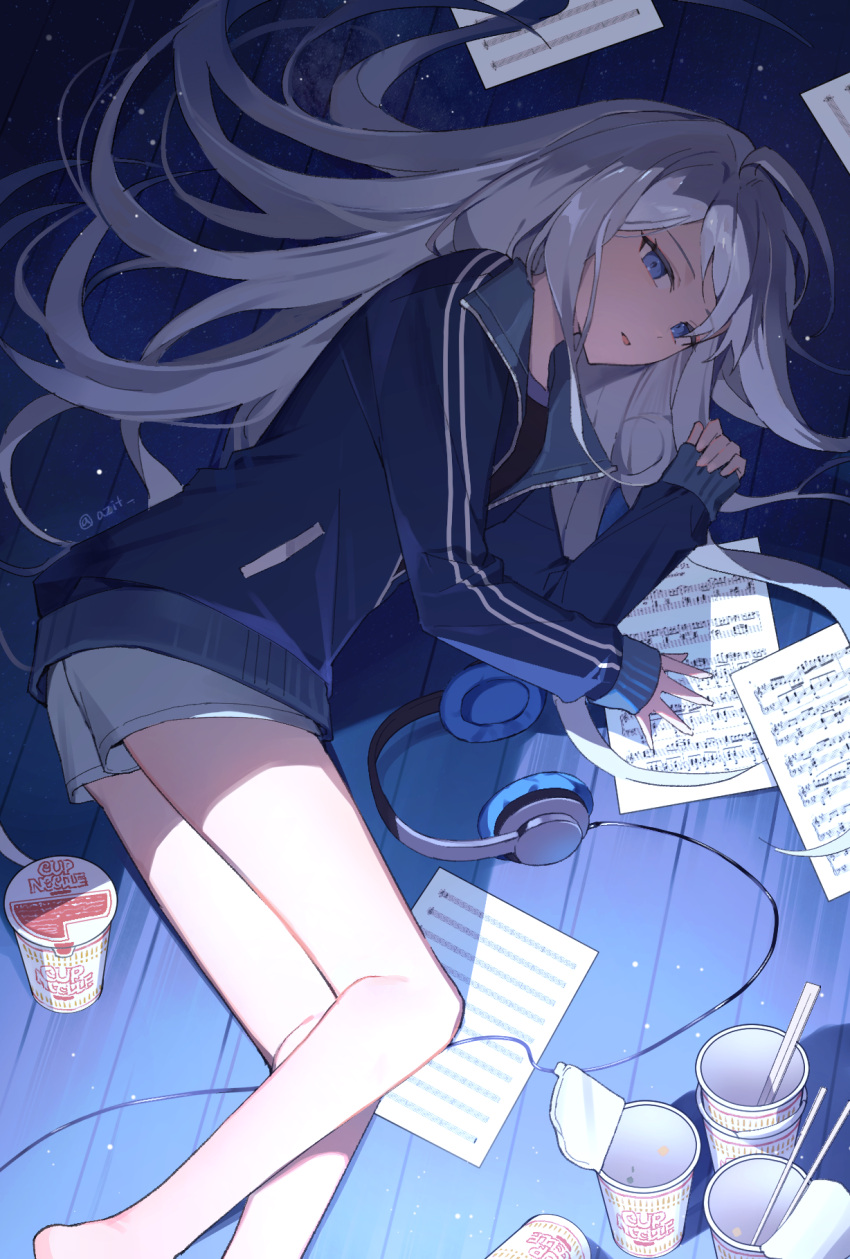 1girl 25-ji_night_code_de._(project_sekai) azit_(down) bangs black_shirt blue_eyes blue_jacket chopsticks commentary_request cup disposable_cup eyebrows_visible_through_hair feet_out_of_frame grey_hair hand_up highres jacket long_hair long_sleeves looking_at_viewer lying on_side parted_lips pinching_sleeves project_sekai sheet_music shirt short_shorts shorts sleeves_past_wrists solo thighs twitter_username very_long_hair white_shorts wooden_floor yoisaki_kanade