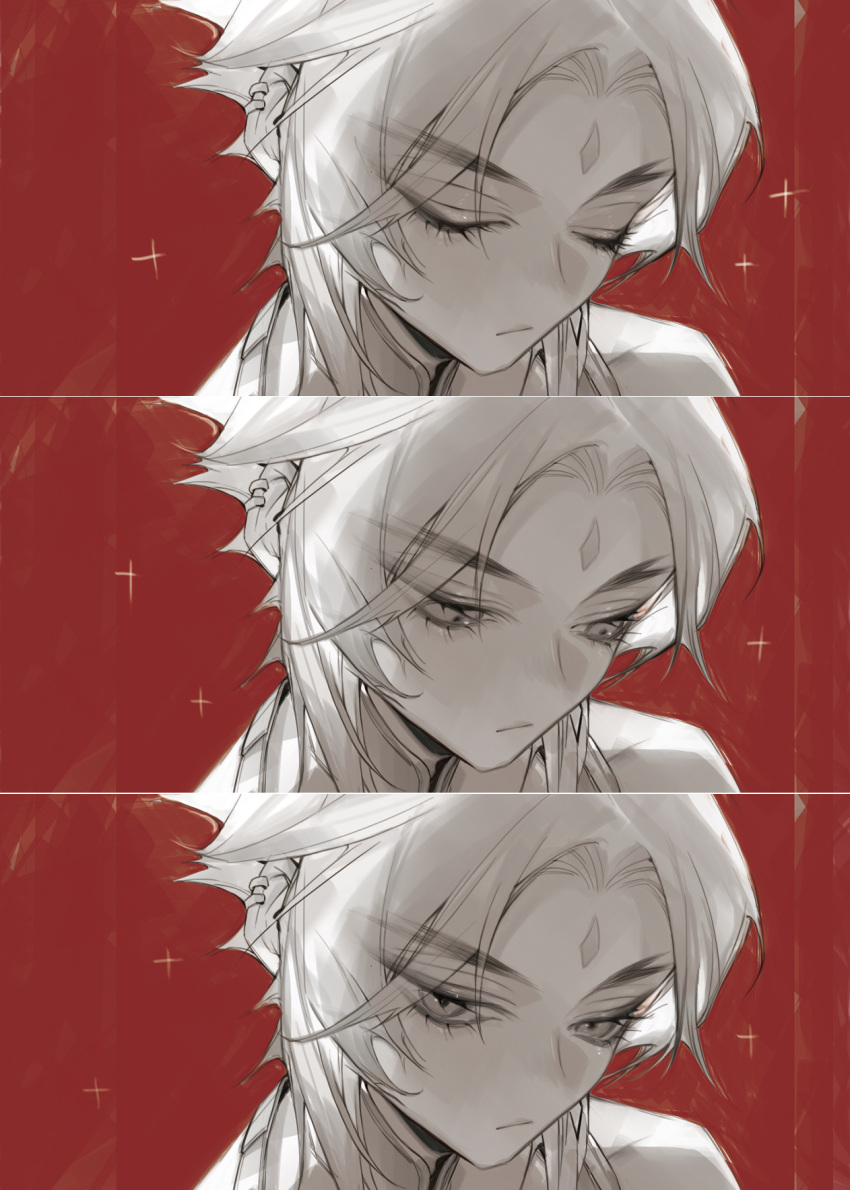 1boy bishounen closed_eyes closed_mouth ear_piercing eyelashes facial_mark forehead_mark genshin_impact greyscale highres looking_at_viewer looking_down male_focus mata_c monochrome multiple_views piercing portrait red_background sparkle xiao_(genshin_impact)