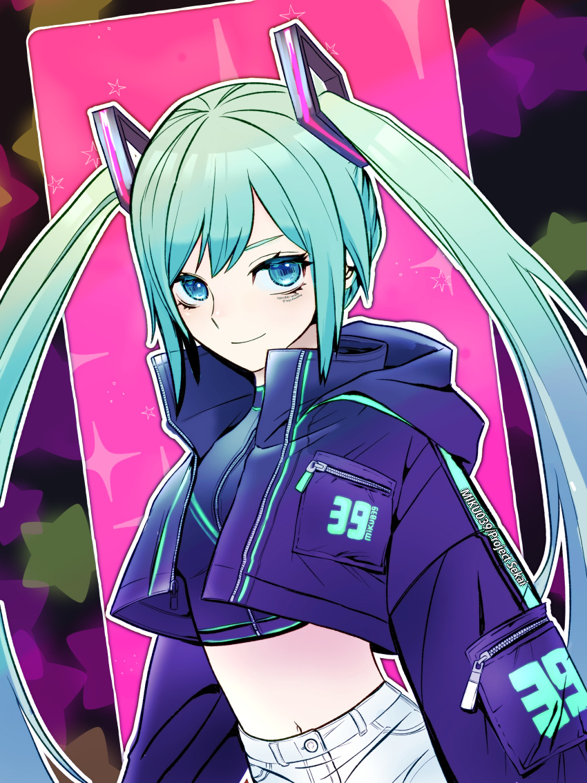 1girl 39 absurdres bangs blue_eyes blue_hair character_name closed_mouth coat crop_top hair_ornament hatsune_miku heysiriwasshoy highres long_hair looking_at_viewer midriff navel open_clothes open_coat pants purple_coat shiny shiny_hair smile solo stomach twintails very_long_hair vocaloid white_pants