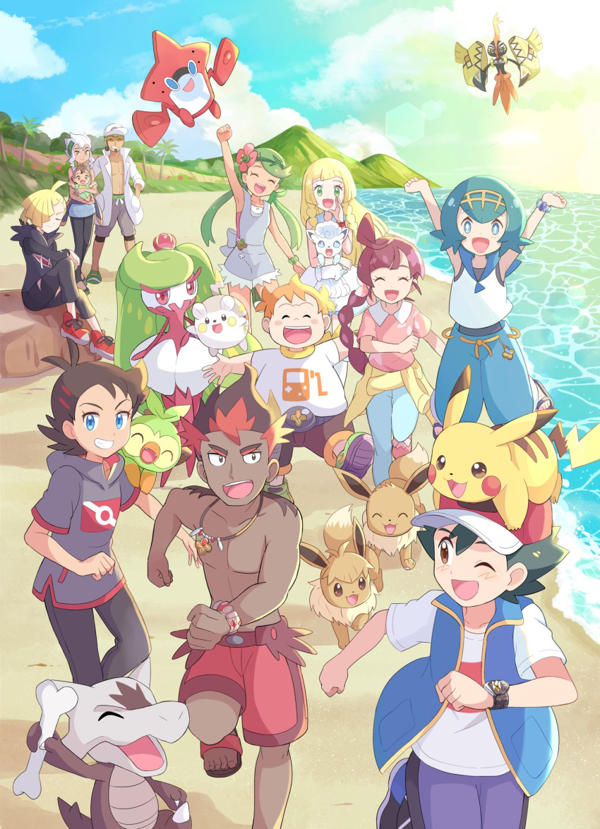 5girls 6+boys :d ;d ahoge alolan_marowak alolan_vulpix antenna_hair arms_up ash_ketchum baby bangs blonde_hair blue_eyes blue_hair blue_pants blue_sailor_collar bracelet braid braided_ponytail bright_pupils brown_eyes brown_hair brown_pants burnet_(pokemon) carrying chloe_(pokemon) clenched_hands closed_eyes clothes_around_waist clouds collared_shirt commentary_request day eevee eyelashes flip-flops flower gladion_(pokemon) goh_(pokemon) green_footwear grey_overalls grey_shirt grey_shorts grin grookey hair_flower hair_ornament hairband hat highres holding holding_pokemon hood hood_down hoodie jewelry kiawe_(pokemon) kukui_(pokemon) labcoat lana_(pokemon) lillie_(pokemon) mallow_(pokemon) mei_(maysroom) multiple_boys multiple_girls necklace no_sclera on_head one-piece_swimsuit one_eye_closed open_mouth orange_hair outdoors overalls palm_tree pants pikachu pink_flower pink_footwear pink_shirt pokemon pokemon_(anime) pokemon_(creature) pokemon_journeys pokemon_on_head red_footwear red_shorts rotom rotom_dex sailor_collar sand sandals shirt shoes shore short_hair short_sleeves shorts sitting sky sleeveless sleeveless_shirt smile sophocles_(pokemon) standing swimsuit swimsuit_under_clothes t-shirt tapu_koko teeth toes togedemaru tongue topless_male torn_clothes torn_pants tree tsareena upper_teeth water white_headwear white_pupils white_shirt yellow_hairband z-ring
