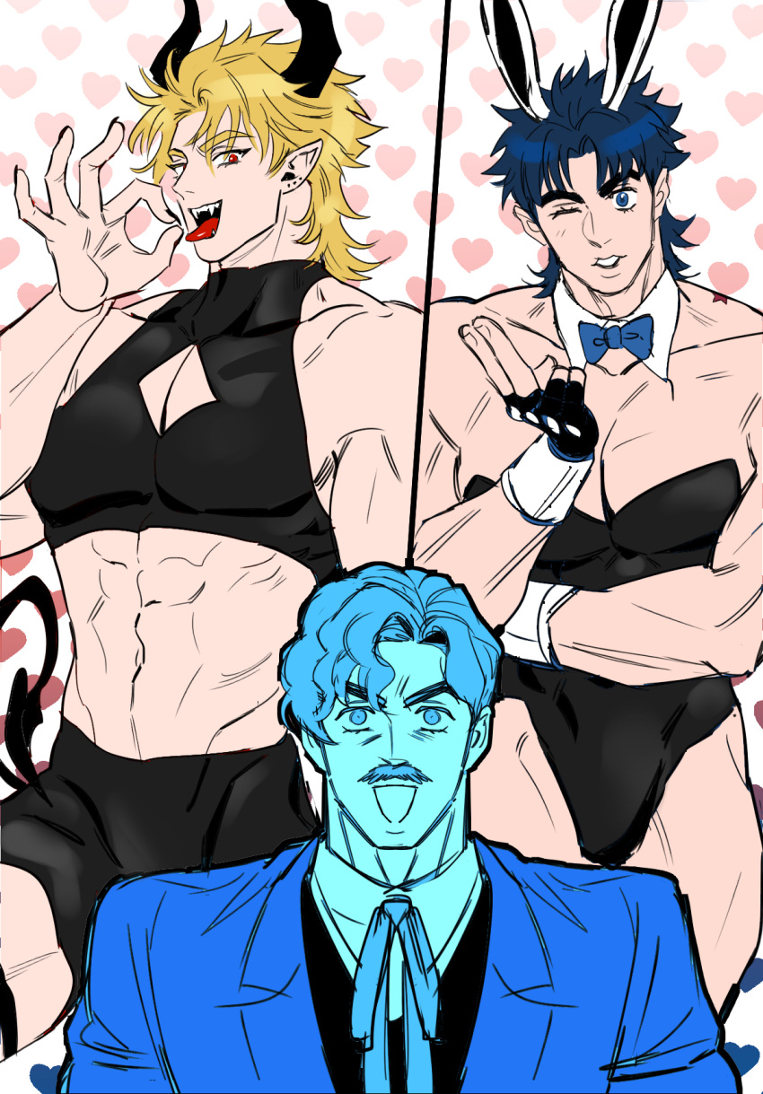 3boys acea_n animal_ears beard black_leotard black_panties blonde_hair blue_eyes blue_hair cleavage_cutout clothing_cutout commentary_request crop_top demon_boy demon_tail detached_collar dio_brando facial_hair fake_animal_ears fangs fellatio_gesture fishnet_legwear fishnets formal george_joestar highres horns jojo_no_kimyou_na_bouken jonathan_joestar korean_commentary large_pectorals leotard male_focus male_playboy_bunny midriff multiple_boys muscular muscular_male mustache one_eye_closed open_mouth panties pectoral_cleavage pectorals phantom_blood playboy_bunny rabbit_ears rabbit_tail red_eyes revealing_clothes sleeveless sleeveless_turtleneck strapless strapless_leotard suit surprised tail tongue tongue_out turtleneck underwear wrist_cuffs