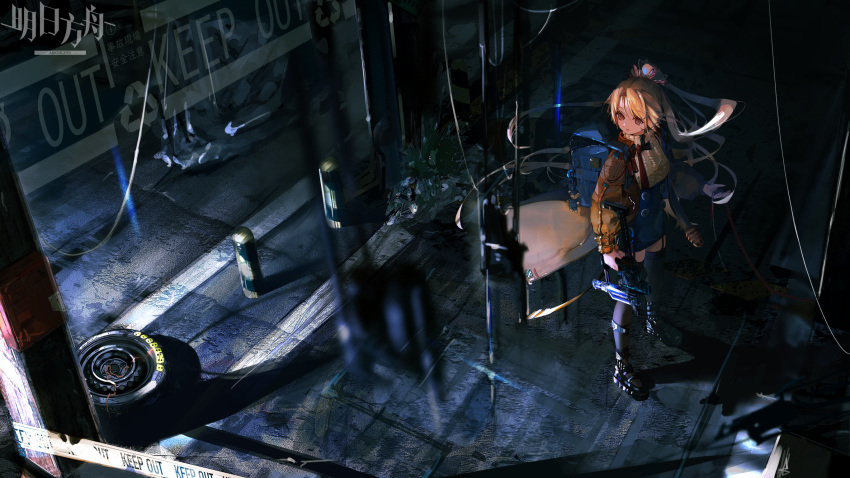 1girl arknights arrow_(symbol) backpack bag bangs black_footwear black_legwear black_skirt blonde_hair blue_bag bow bowtie buttons caution_tape commentary highres holding holding_weapon jacket keep_out keychain kukuzero_neko long_hair long_sleeves looking_afar mary_janes nail_gun open_clothes open_jacket orange_eyes parted_bangs parted_lips pillar pinecone_(arknights) plant ponytail recycling_symbol red_bow red_bowtie shoes skirt solo sweater thigh-highs tire weapon white_sweater wide_shot yellow_jacket