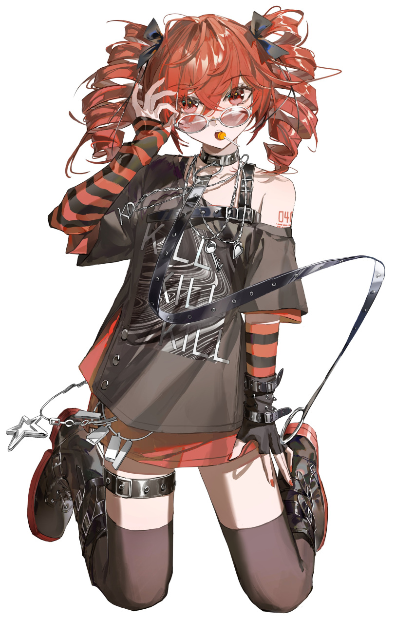 absurdres adjusting_eyewear alternate_costume arm_at_side arm_warmers armpit_crease belt black_arm_warmers black_belt black_boots black_gloves black_ribbon black_shirt black_thighhighs boots candy crossed_bangs drill_hair feijiu fingerless_gloves food glasses gloves hair_between_eyes hair_ribbon hand_up highres jewelry kasane_teto kneehighs kneeling lollipop looking_at_viewer looking_over_eyewear mouth_hold necklace number_tattoo red_arm_warmers red_hair red_nails red_skirt red_tattoo ribbon round_eyewear shirt shoulder_tattoo single_bare_shoulder skirt socks striped_arm_warmers tattoo teeth thigh-highs transparent_background twin_drills twintails upper_teeth_only utau