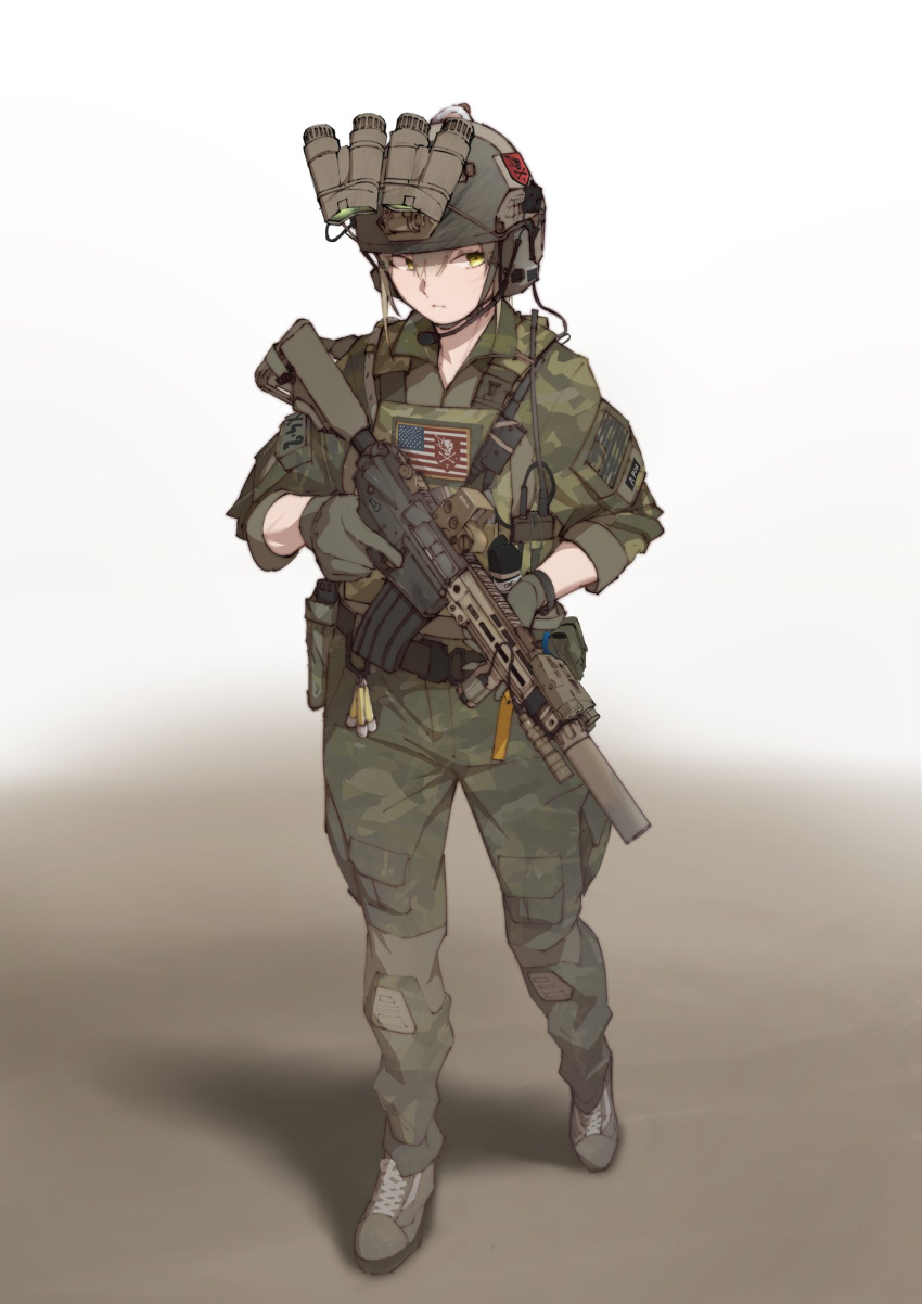 1girl american_flag ammunition_belt ar-15 assault_rifle bangs bulletproof_vest ear_protection flashlight glowstick gun headset helmet highres holding holding_weapon looking_to_the_side military military_uniform night_vision_device original pen_guin15 radio rifle short_hair sleeves_rolled_up solo suppressor trigger_discipline uniform weapon yellow_eyes